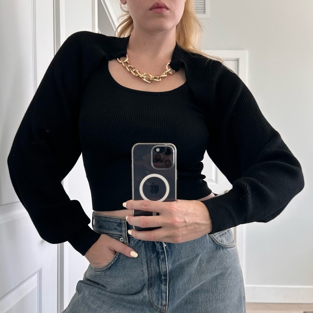 Soft Black Rib Sweater with Detachable Sleeve